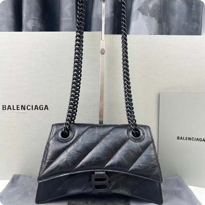 Balenciaga Women Crush Small Chain Bag Quilted Black Crushed Calfskin Black Matte Hardware - 图片 11