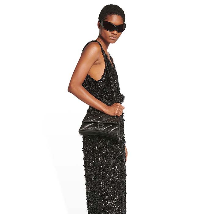 Balenciaga Women Crush Small Chain Bag Quilted Black Crushed Calfskin Black Matte Hardware - 图片 12