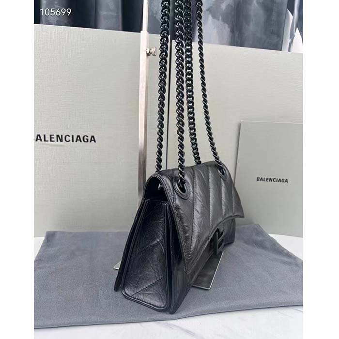 Balenciaga Women Crush Small Chain Bag Quilted Black Crushed Calfskin Black Matte Hardware - 图片 4