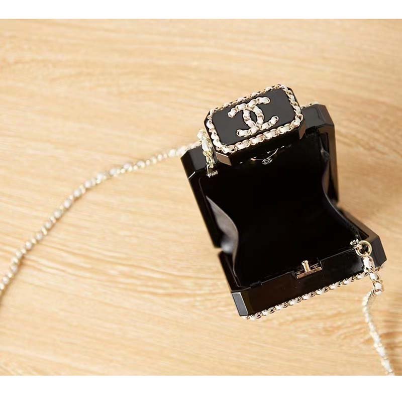 Chanel CC Women Evening Bag Lambskin Plexi Gold-Tone Metal Black White - Image 8