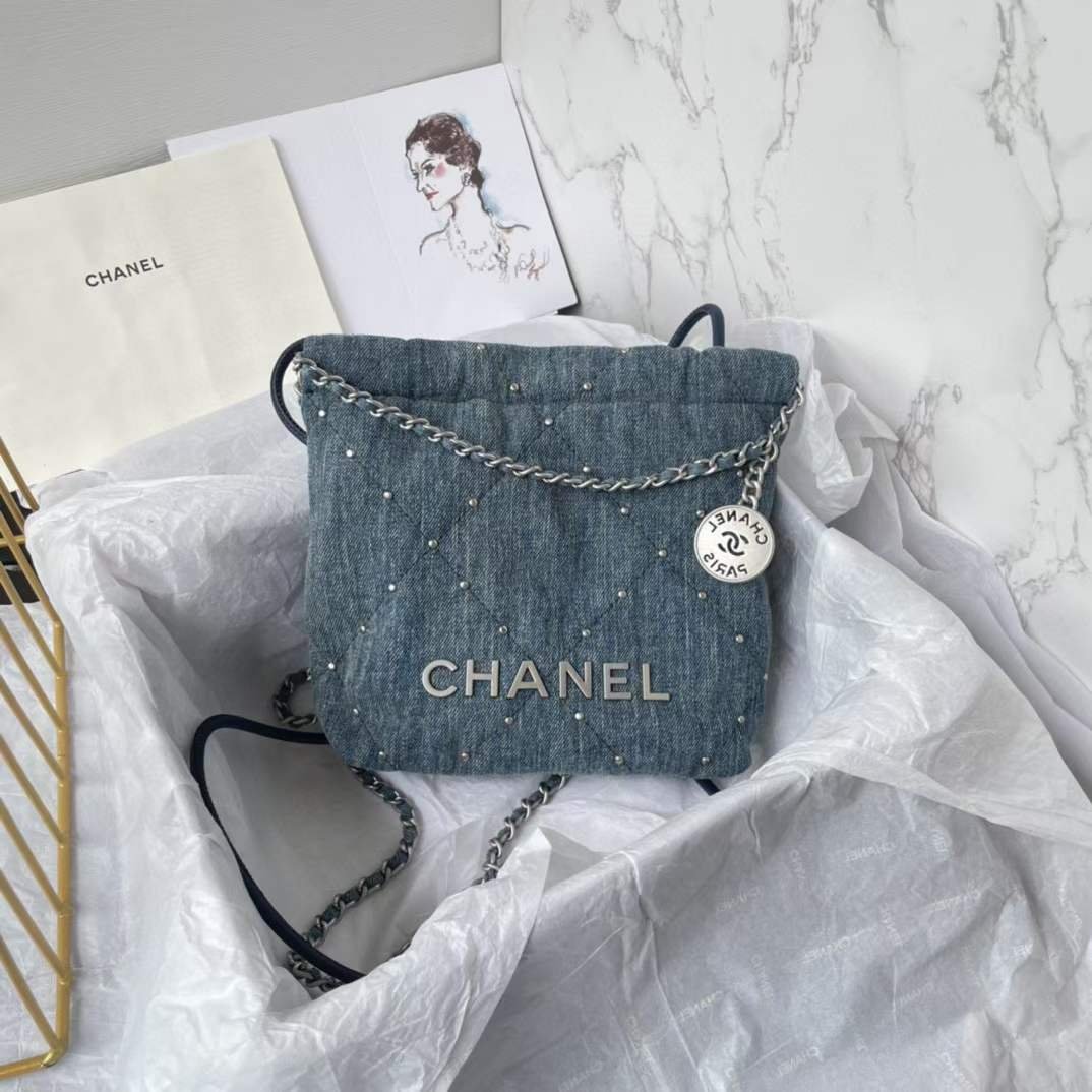 Chanel Women CC 22 Mini Handbag Washed Denim Silver-Tone Metal Blue - 图片 6