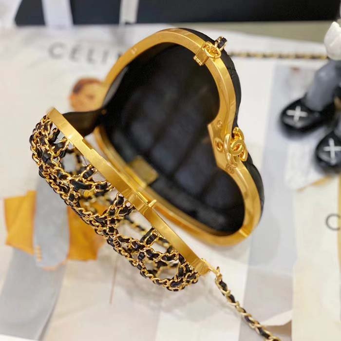 Chanel Women CC Heart Minaudiere Lambskin Gold-Tone Metal Black - 图片 6
