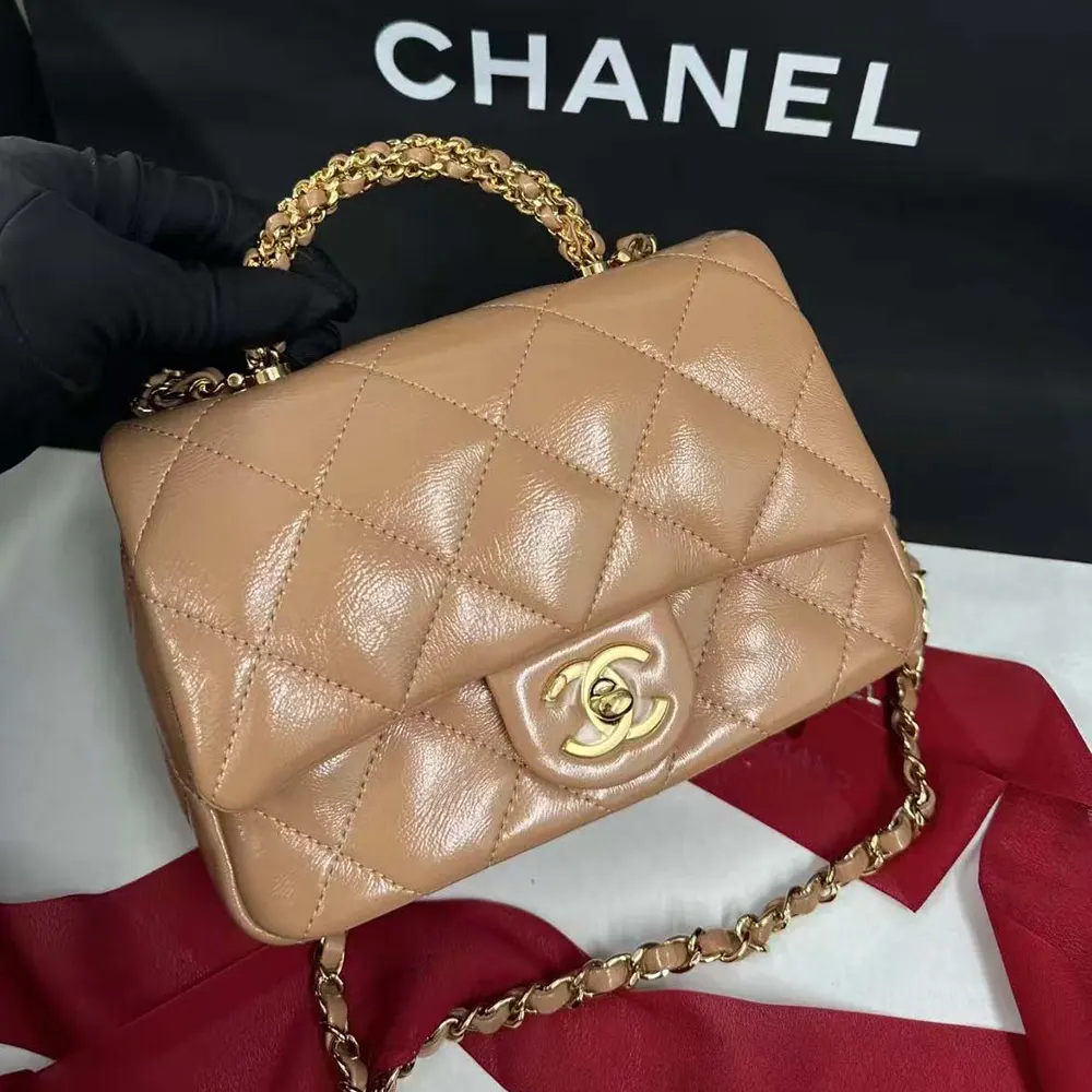 Chanel Women CC Mini Flap Bag Top Handle Lambskin Resin Brown - 图片 2