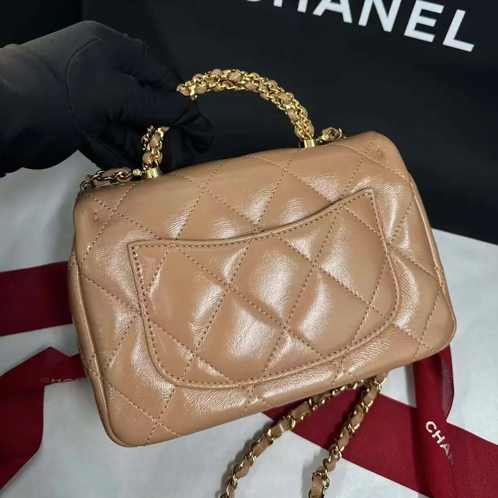 Chanel Women CC Mini Flap Bag Top Handle Lambskin Resin Brown - 图片 4