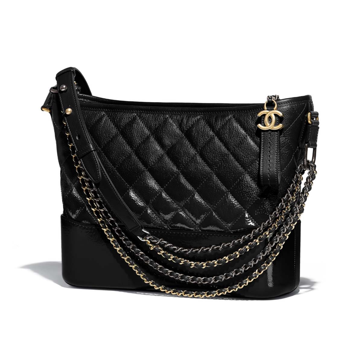 Chanel CC Gabrielle Hobo Medium Bag Black Goatskin Gold Silver-Tone Metal